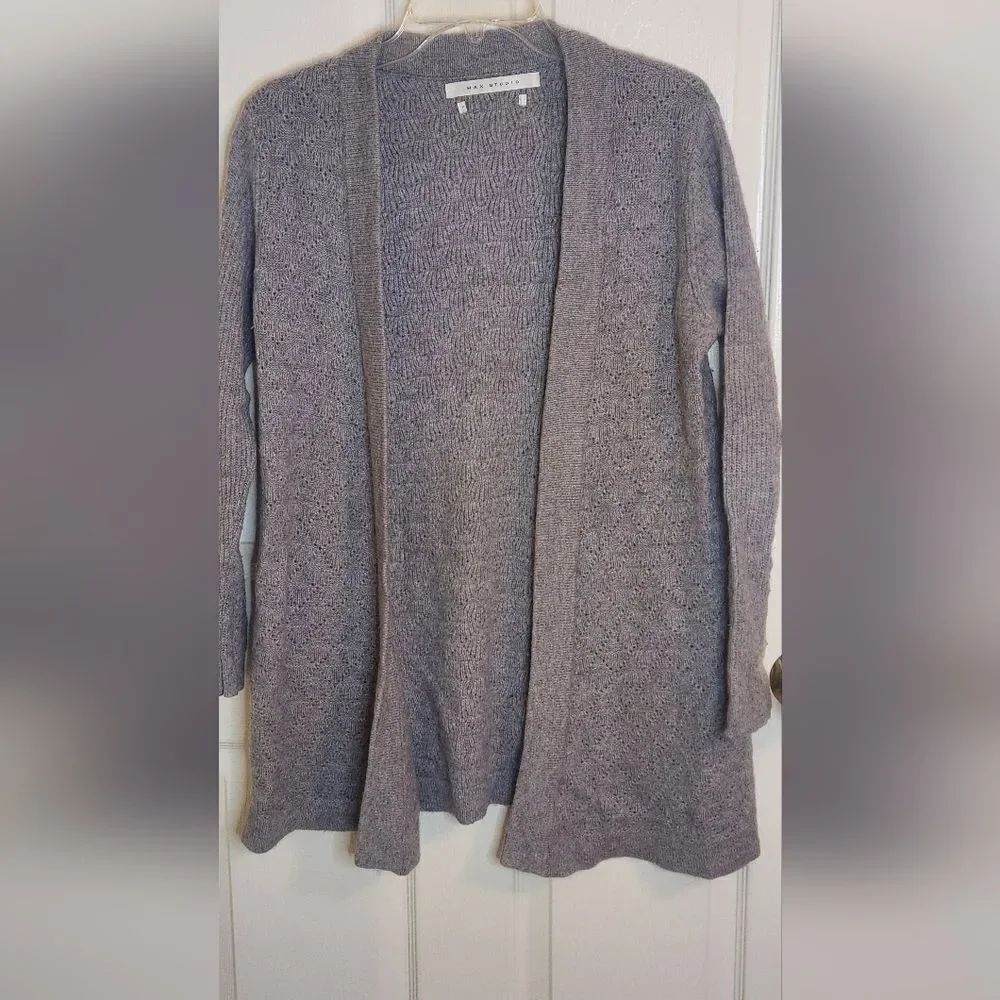 Max Studio M Gray 100% CASHMERE Lngslv Knitted Women's Open Cardigan Sweater